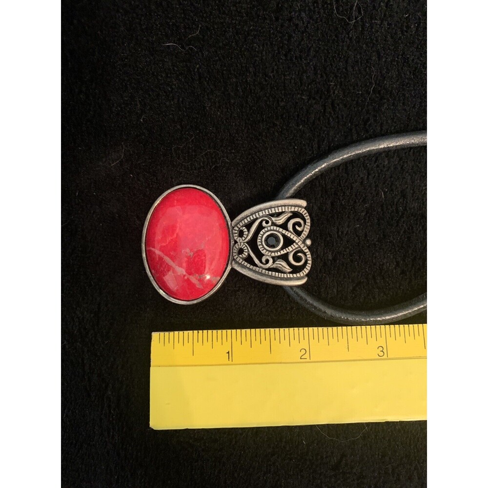 Signed Chico's Red Stone Necklace Pendant Black Cord Adjustable Silvertone - Picture 6 of 7